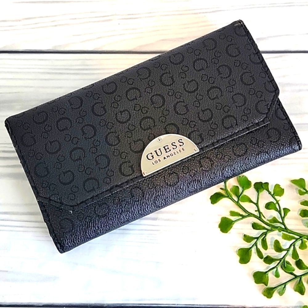 Guess trifold wallet clutch logo print in slate grey & black